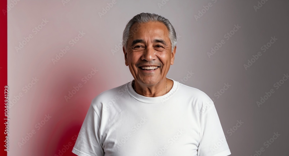 Fototapeta premium hispanic latino elderly man red background wearing plain white tshirt smiling happy portrait