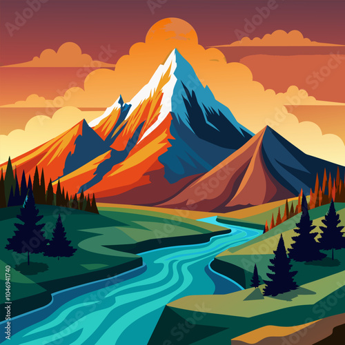 Flat minimal mountain with pine forest, and river at sunset view