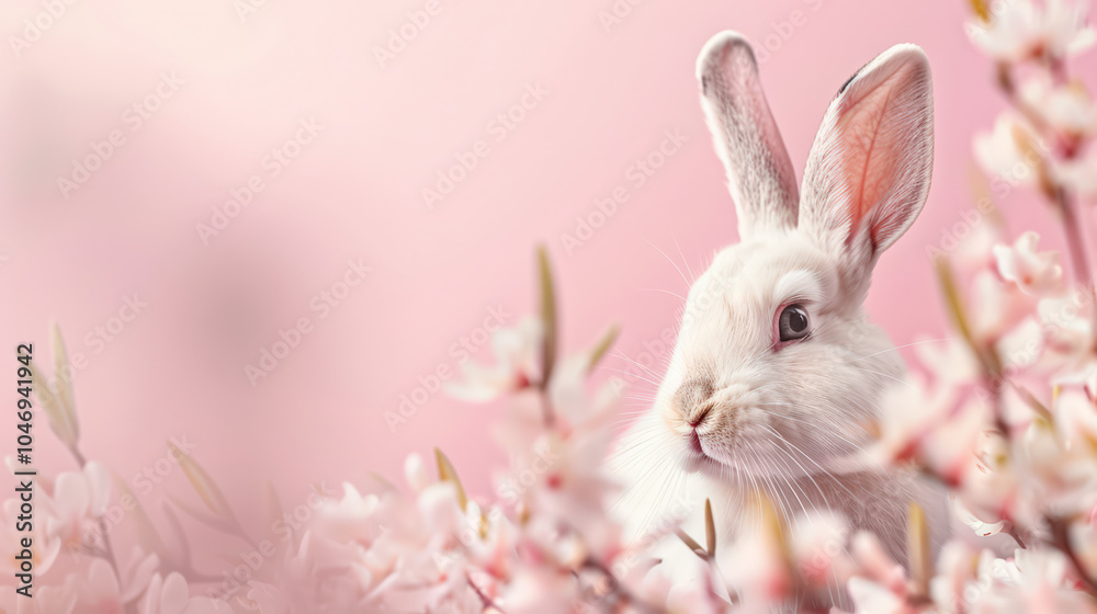 Obraz premium Easter bunny on pink background with copy space, greetings card design