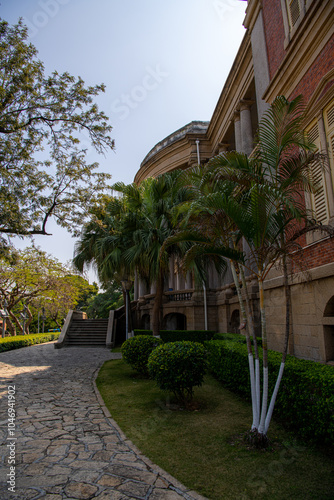 JANUARY 20, 2022, XIAMEN, CHINA: Beautiful colonial building of the organ museum on Gulangyu island, Xiamen, China, Blue sky with copy space #1046941902