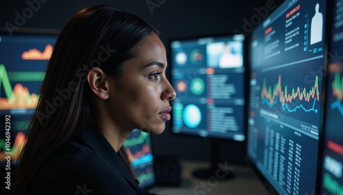 Black African-American female IT specialist examines cybersecurity threats through ARAI tech depicted in an abstract collage with focus on her intense analysis side view