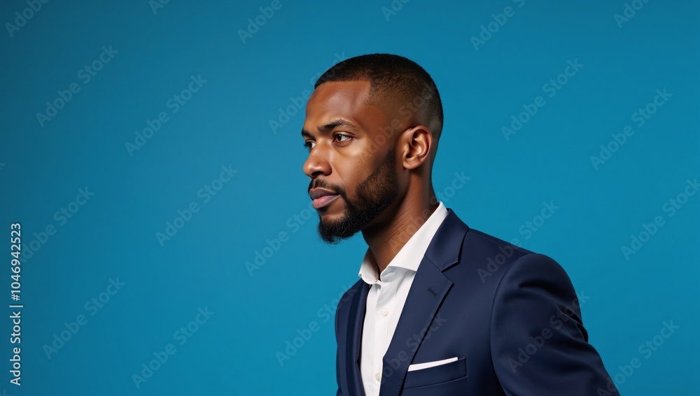 Human side view profile portrait of serious African American man against blue studio background Human side view profile portrait of serious African American man against blue studio background