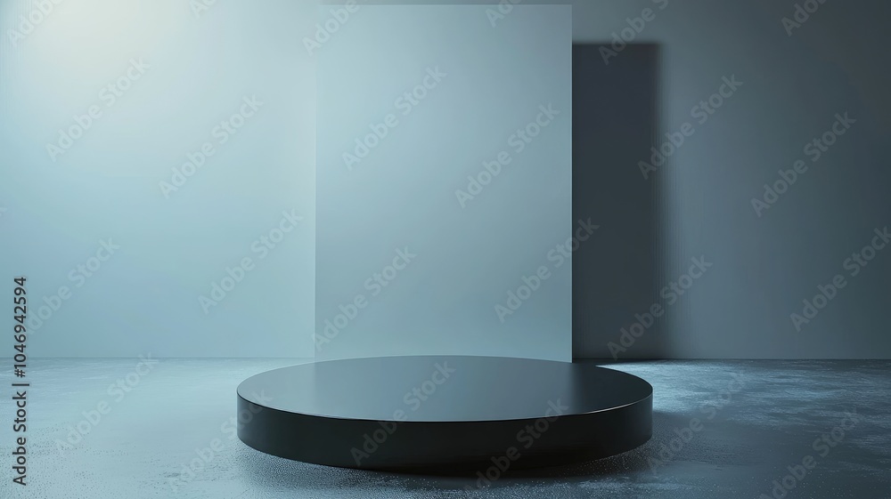 Black Circular Platform in a Minimalist Setting with a Light Source Black Circular Platform in a Minimalist Setting with a Light Source