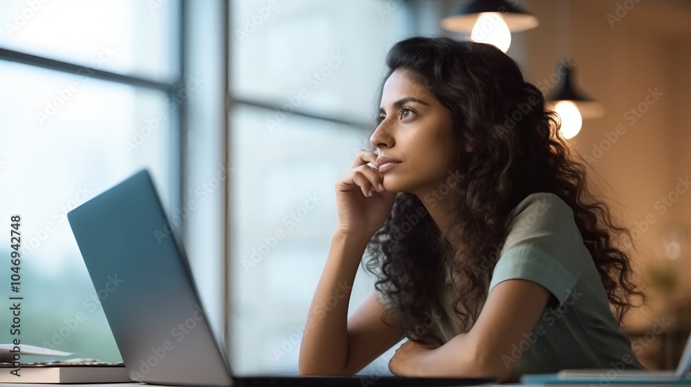 A photo of an Indian woman sitting at her desk, looking thoughtfully into the distance with one hand resting on her chin as she works from home using a laptop computer. A photo of an Indian woman sitting at her desk, looking thoughtfully into the distance with one hand resting on her chin as she works from home using a laptop computer.