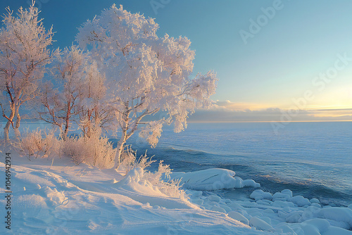 Frozen Ocean and Snowy Landscape in Lulea, Sweden photo