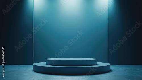 A Two-Tiered Circular Platform in a Blue Room with Spotlights