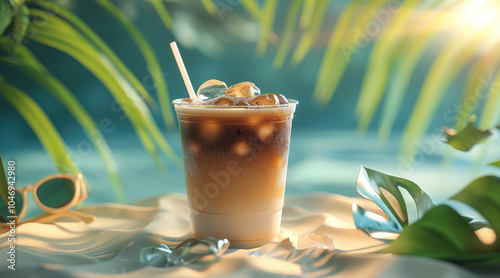 A refreshing iced coffee to-go cup, with dark coffee at the bottom and creamy milk at the top, blending slowly as the ice melts. Surrounding the cup are tropical element, like palm leaves, sunglasses. photo