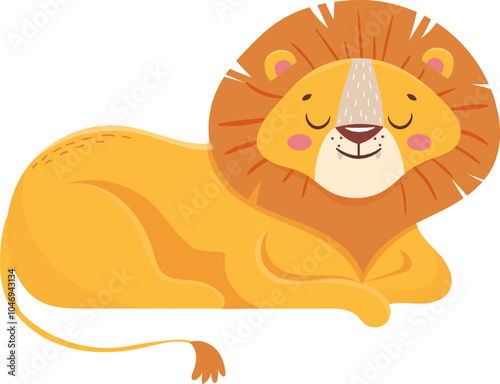 Cartoon illustration of a cute lion cub with closed eyes, lying down and resting, showcasing a peaceful moment in wildlife