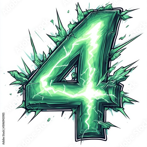 electric green number 4 in lightning strike anime-style cartoon