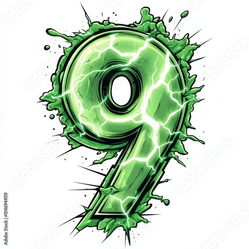 electric green number 9 in lightning strike anime-style cartoon