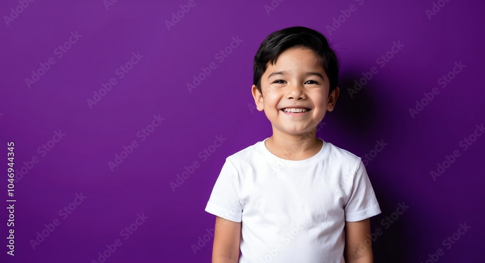 hispanic latino kid boy purple background wearing plain white tshirt smiling happy portrait hispanic latino kid boy purple background wearing plain white tshirt smiling happy portrait