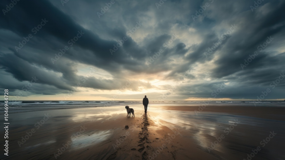 a man and his dog silhouetted against the vibrant colors of a sunrise a man and his dog silhouetted against the vibrant colors of a sunrise