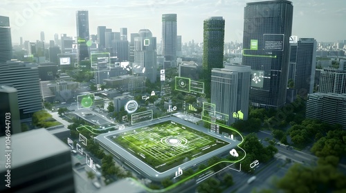 Fototapeta Naklejka Na Ścianę i Meble -  A modern sustainable city surrounded by digital security grids and systems showcasing the fusion of eco friendly technology and advanced cybersecurity infrastructure to create a resilient efficient