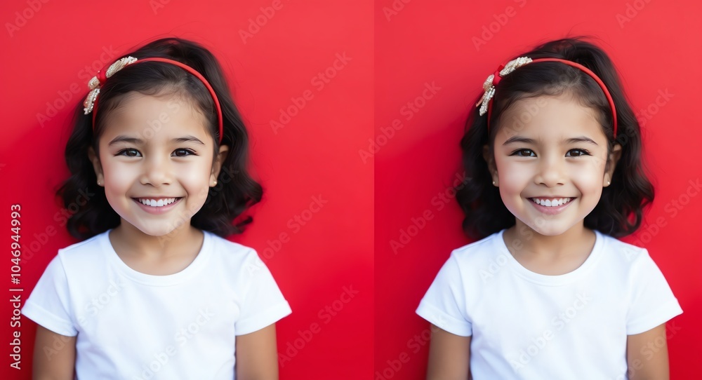 hispanic latino kid girl red background wearing plain white tshirt smiling happy portrait hispanic latino kid girl red background wearing plain white tshirt smiling happy portrait