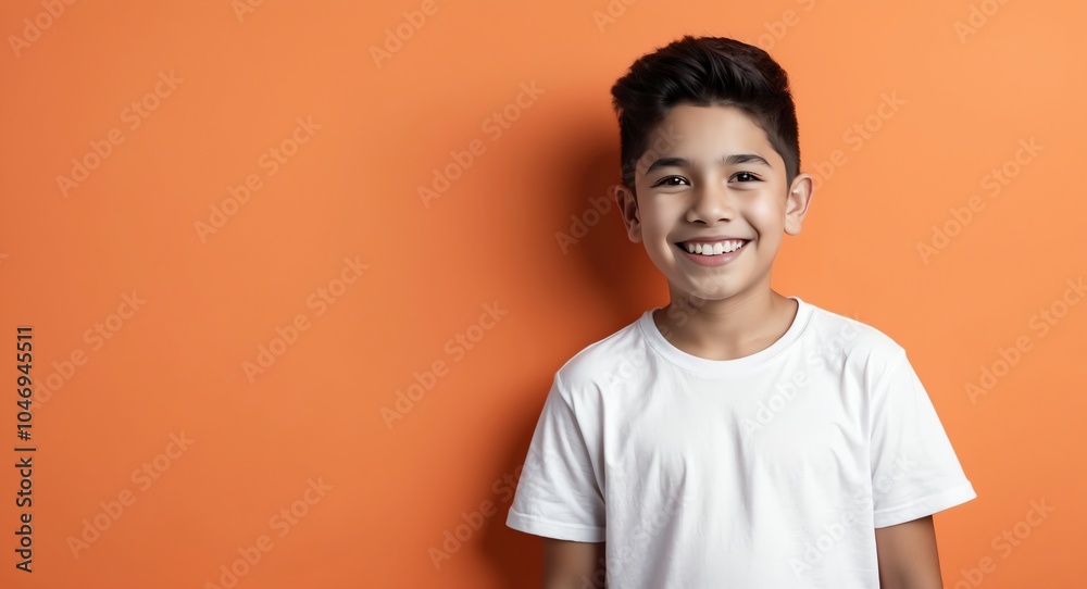 hispanic latino teen boy orange background wearing plain white tshirt smiling happy portrait hispanic latino teen boy orange background wearing plain white tshirt smiling happy portrait