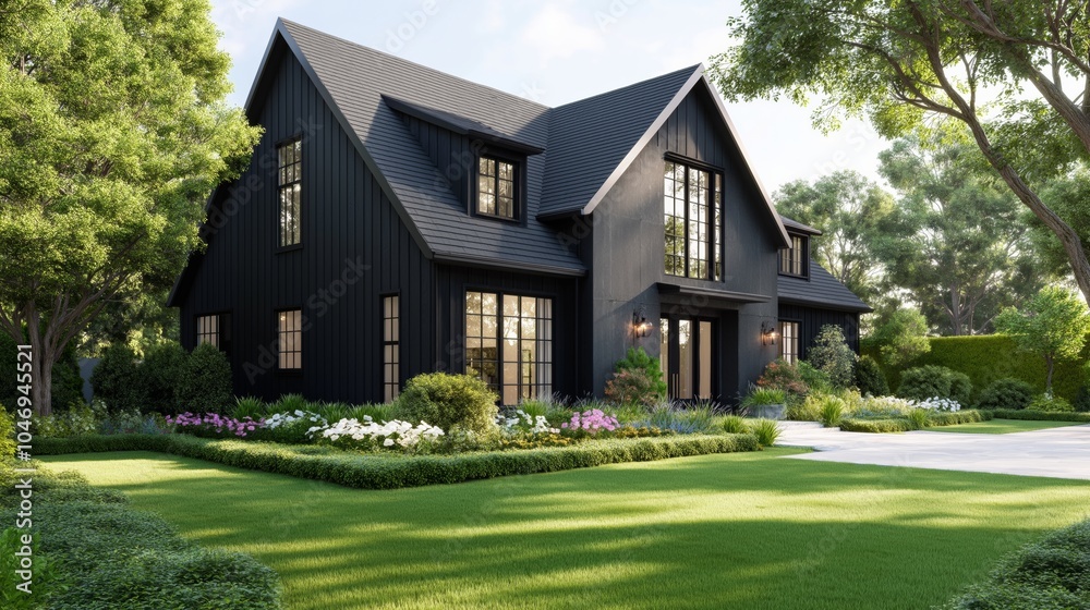 Obraz premium Modern black farmhouse with large windows and lush garden in a serene suburban neighborhood during daylight.