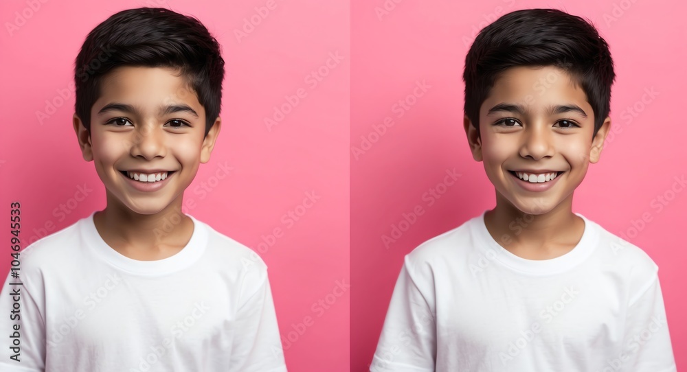 hispanic latino teen boy pink background wearing plain white tshirt smiling happy portrait hispanic latino teen boy pink background wearing plain white tshirt smiling happy portrait