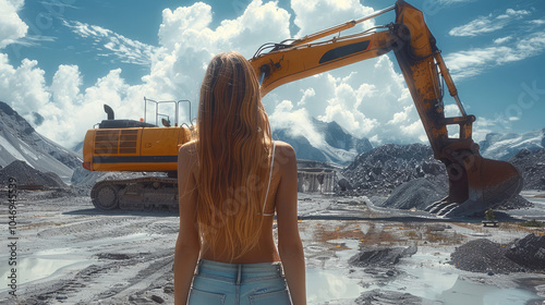 Beautiful woman in front of large excavator.