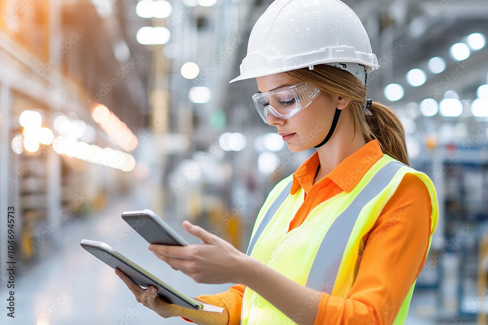 Female engineer in a high-visibility vest and hard hat working on a tablet computer at an industrial factory, high-definition image
Female engineer in a high-visibility vest and hard hat working on a tablet computer at an industrial factory, high-definition image