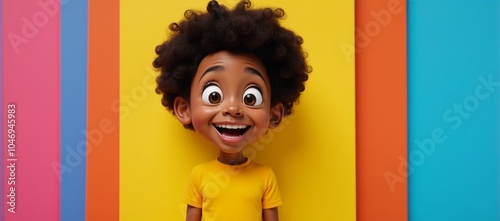 Cartoon character with vibrant eyes and Afro hairstyle stands confidently with playful expression against colorful backdrop photo