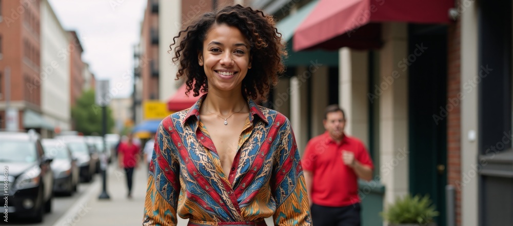 Fototapeta premium A confident young African-American woman is depicted in an urban setting wearing ethnic attire and sporting curly brown hair