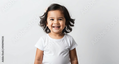 hispanic latino toddler girl white background wearing plain white tshirt smiling happy portrait