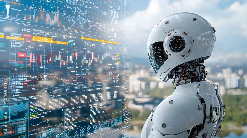 Robotic silhouette against a sleek blue background with a double exposure of forex charts financial graphs and data visualizations Robotic silhouette against a sleek blue background with a double exposure of forex charts financial graphs and data visualizations