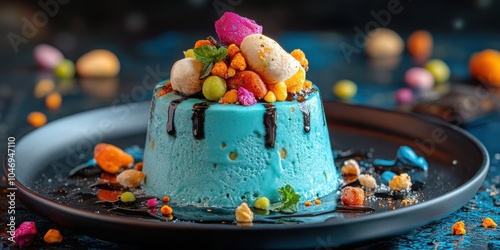 a blue cake with ice cream and chocolate photo