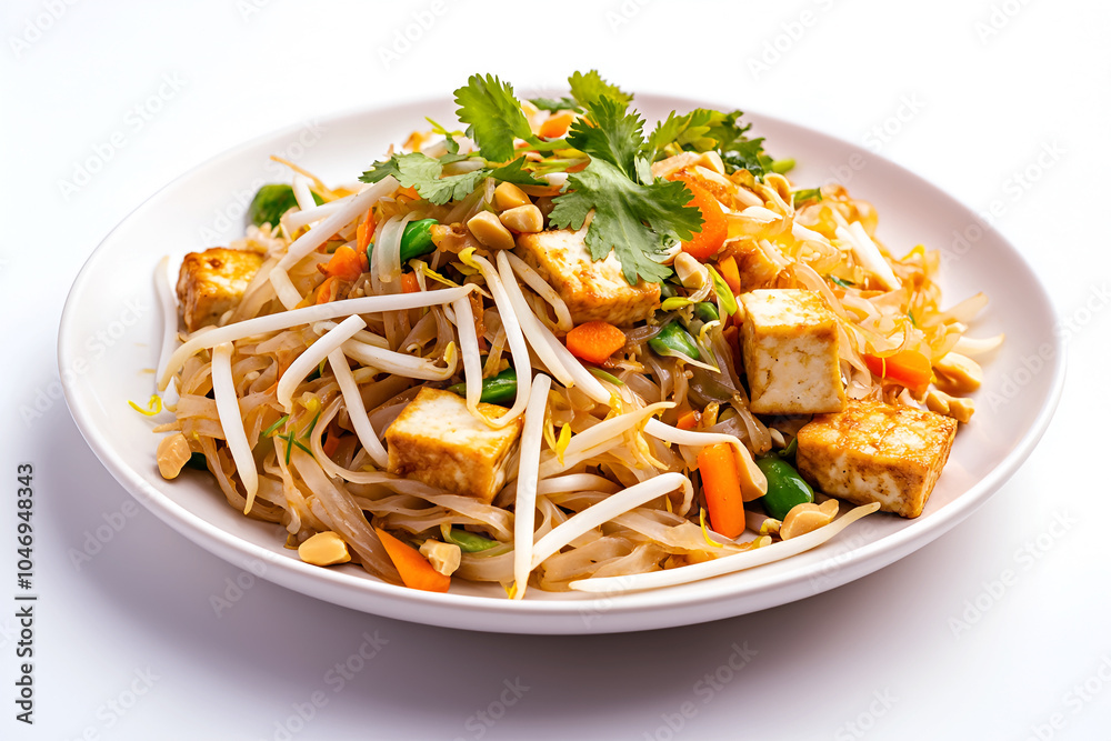 Thai Pad Thai Noodles with Stir-Fried Rice Noodles, Shrimp or Chicken, Tofu, Bean Sprouts, Peanuts, and Garnished with Lime Wedges and Cilantro Thai Pad Thai Noodles with Stir-Fried Rice Noodles, Shrimp or Chicken, Tofu, Bean Sprouts, Peanuts, and Garnished with Lime Wedges and Cilantro
