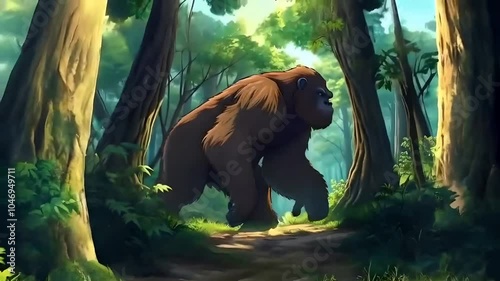 Cartoon-style depiction of a large, furry ape-like creature walking through a lush forest. Great for family-friendly fantasy or animation videos.