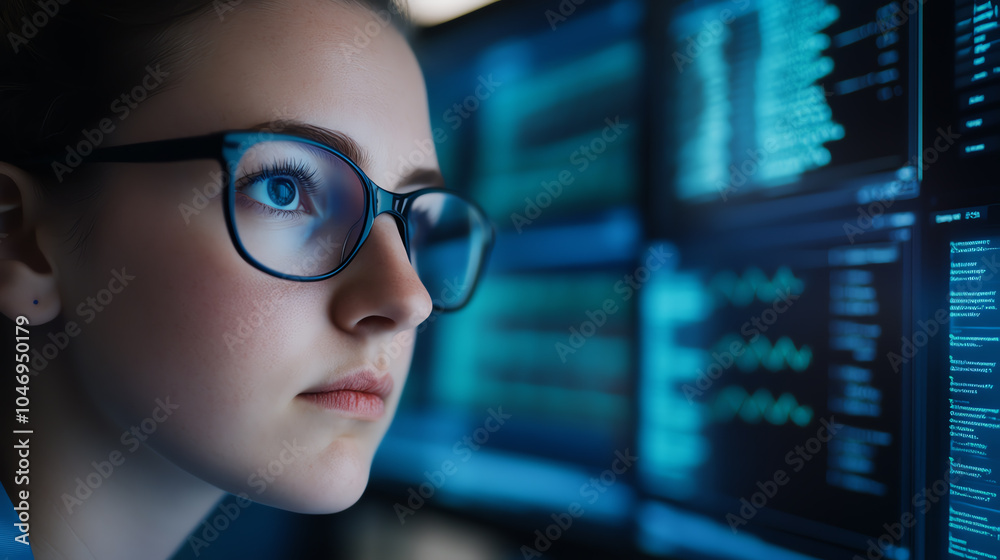 Focused young woman analyzing data on multiple screens in a modern tech environment, representing concentration and innovation in technology. Focused young woman analyzing data on multiple screens in a modern tech environment, representing concentration and innovation in technology.