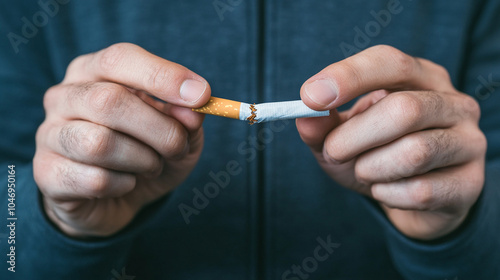  Closeup of a man breaking a cigarette in half with his hands, symbolizing an end to tobacco smoking addiction. 