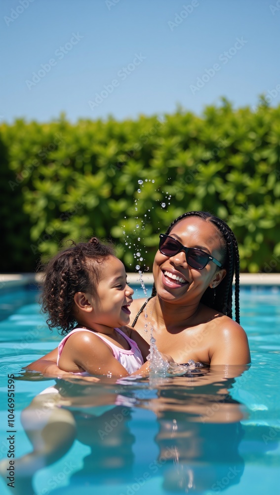 Fototapeta premium A joyful African-American mom and daughter playfully swim together during summer vacation while sporting sunglasses
