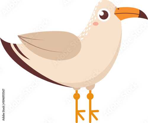 Cartoon seagull standing, showing its brown wing and orange beak, isolated on a white background, ideal for children book illustrations