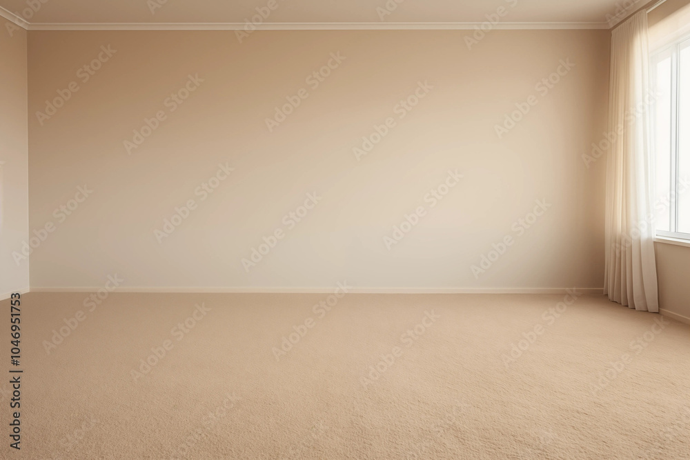 Empty Beige Room with Carpet White Curtains and Window Empty Beige Room with Carpet White Curtains and Window