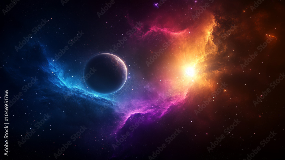 A colorful depiction of outer space with distant galaxies, bright stars, and swirling nebulae. A colorful depiction of outer space with distant galaxies, bright stars, and swirling nebulae.