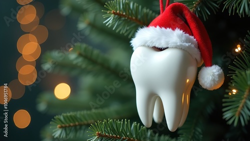 Figurines of a tooth with a Santa hat for Christmas on a New Year tree. The New Year is on the Christmas tree. New Year's Eve at the dental clinic. A festive medical concept.