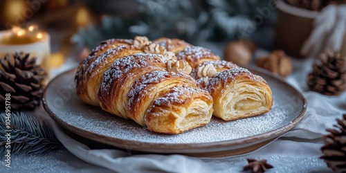 a plate of croises with powdered sugar on top photo