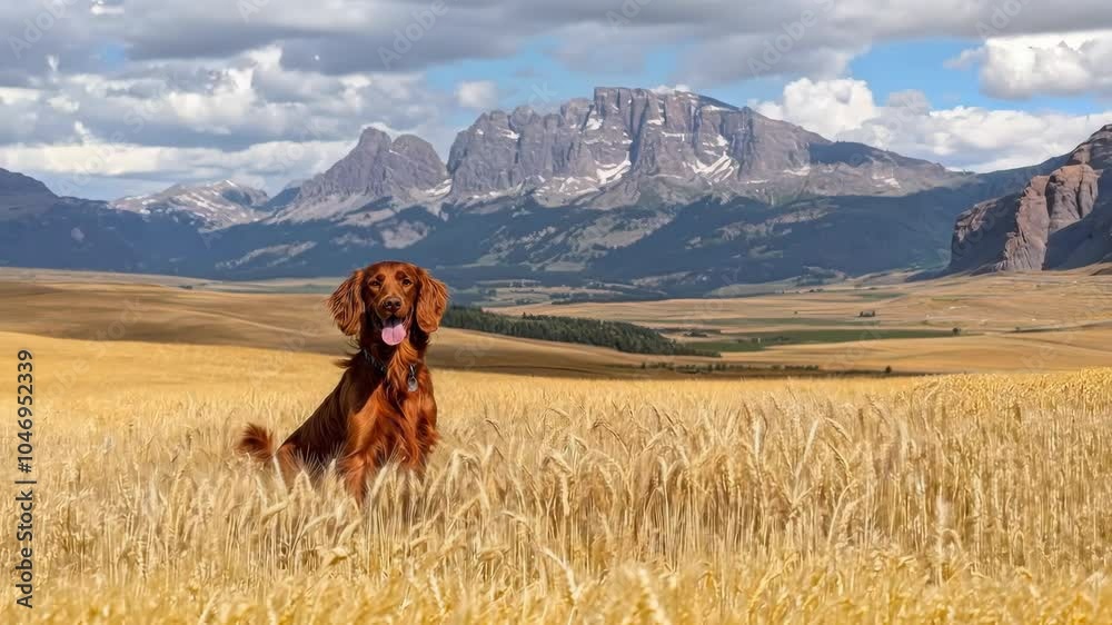 A golden retriever sits in a wheat field with mountains in the background. A golden retriever sits in a wheat field with mountains in the background.