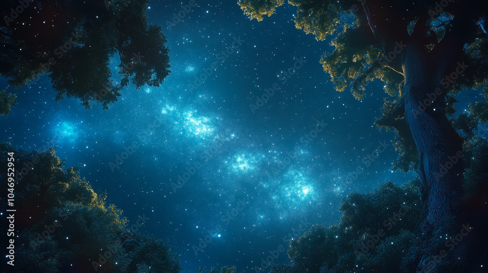 Serene Starry Night Sky Over Lush Tree Canopy in Tranquil Forest Landscape Serene Starry Night Sky Over Lush Tree Canopy in Tranquil Forest Landscape