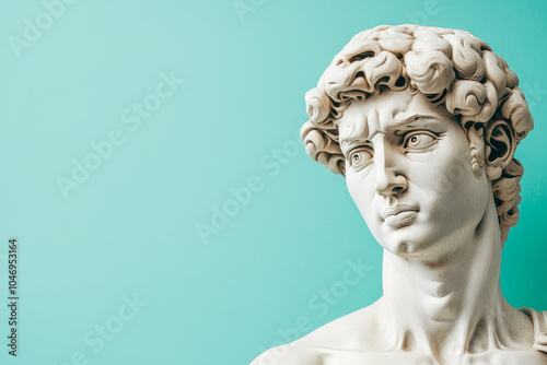 A marble statue with an enigmatic expression captured in side profile against a soft mint green background, showcasing perceivable elements of intrigue and artistry.