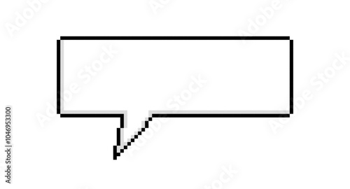 Simple rectangular chat bubble in black and white colors.  Pixelated speech design element for game art. Conversation dialogue, retro message icon. Vector illustration