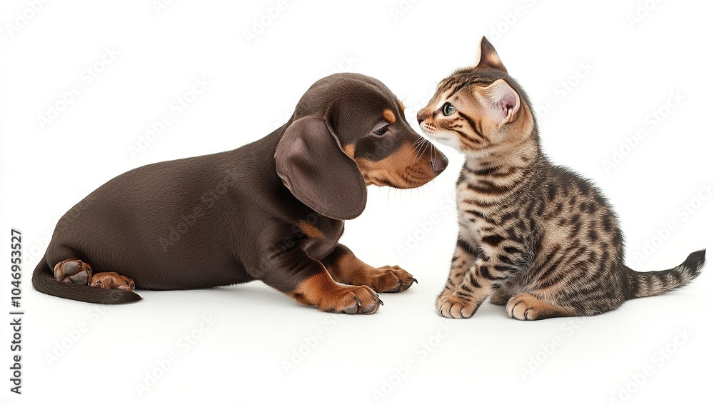 A brown dachshund puppy and Bengal cat playing together, white background A brown dachshund puppy and Bengal cat playing together, white background