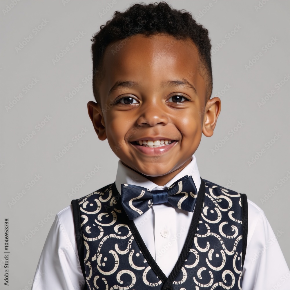 Image features an adorable African-American child dressed stylishly in a vest and bow tie Image features an adorable African-American child dressed stylishly in a vest and bow tie