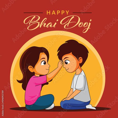 Indian Sister Applying Tilak on Her Brother's Forehead During Happy Bhai Dooj Festival, Used for Greeting Card.
