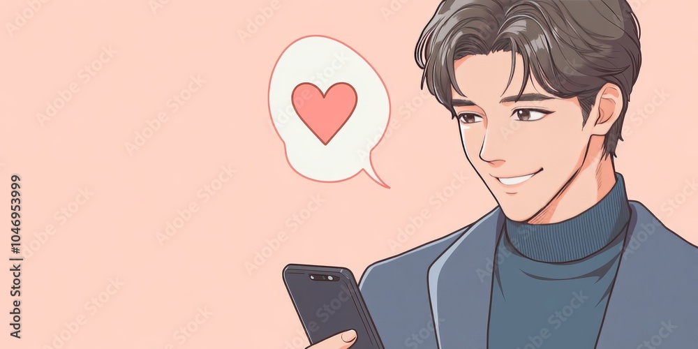 Anime-style Tokyo man smiling at phone with love bubble Anime-style Tokyo man smiling at phone with love bubble