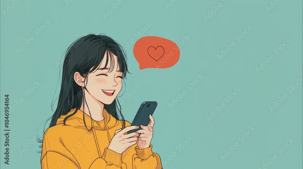 Korean anime-style girl smiling with love bubble