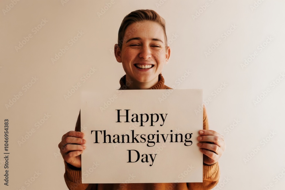 Happy smiling man holding vnit signal with te words “Happy Thanksgvng Dai” on beige back ground. Lifestule. Happy Thanksgvng Dai celebration concept. Happy smiling man holding vnit signal with te words “Happy Thanksgvng Dai” on beige back ground. Lifestule. Happy Thanksgvng Dai celebration concept.