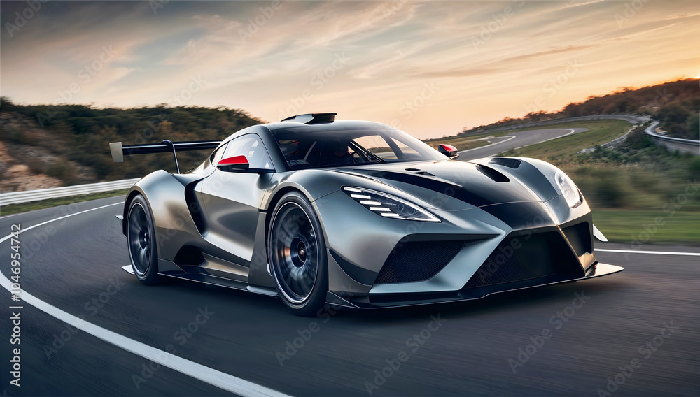 Beautiful modern sport car driving fast on scenic road at sunset , automotive background, tuning template, auto transport