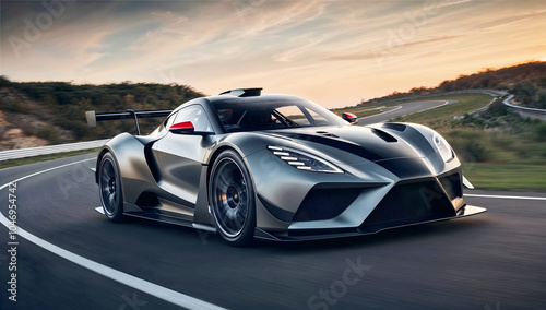 Obraz na płótnie Beautiful modern sport car driving fast on scenic road at sunset , automotive background, tuning template, auto transport w salonie